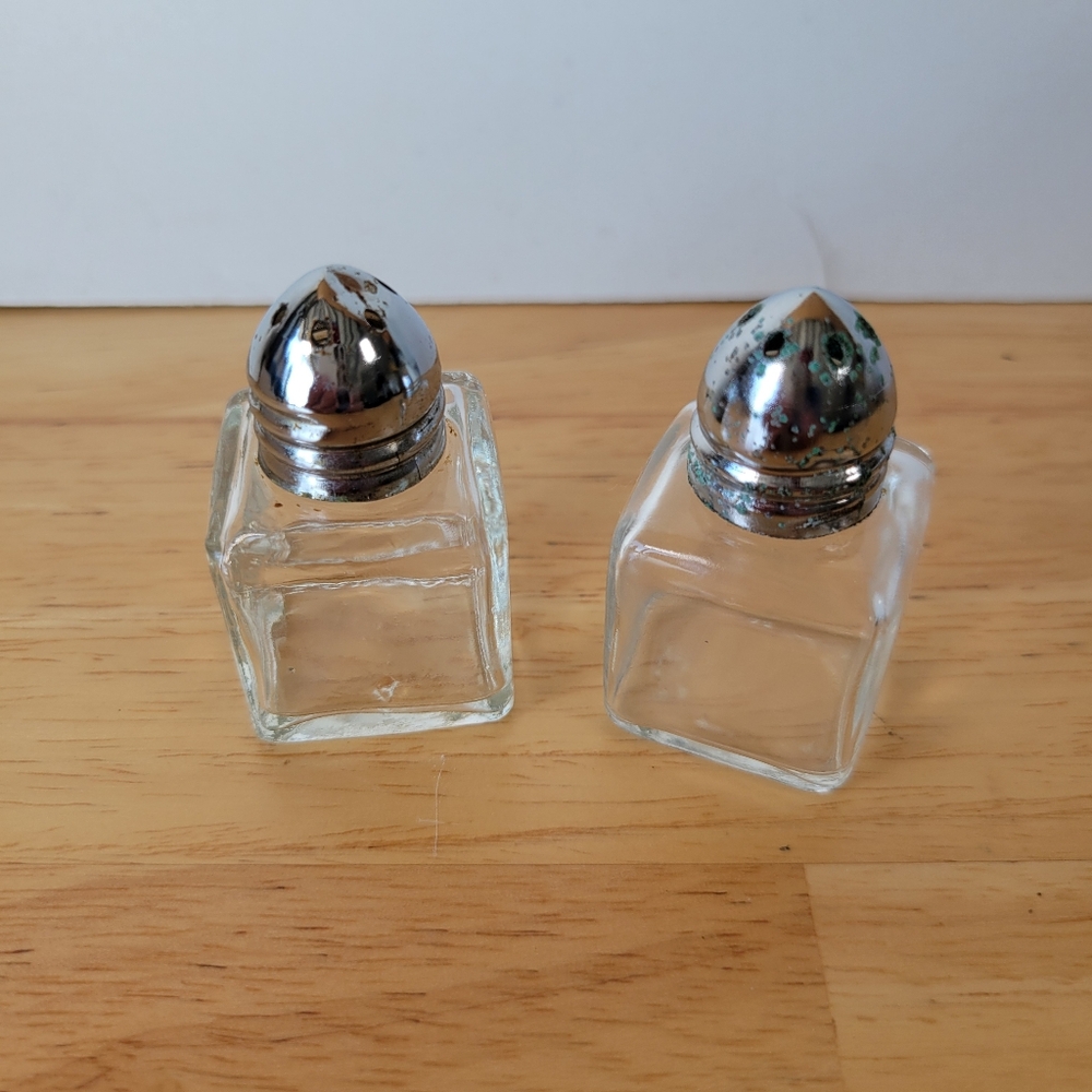 Glass Salt and Pepper Shakers with Silver Tops Tiny Vintage